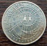 (A371) MONEDA DIN ARGINT GERMANIA - 10 MARK 1999, LIT. J, 50 ANI DE LA SOS KINDERDORFER, 15,5 GRAME, PURITATE 925