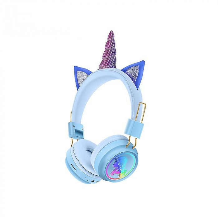 Casti copii Unicorn Bluetooth cu led si protectie urechi, universale, Baby Blue