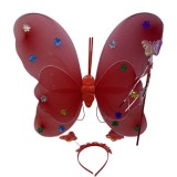 Set Aripi Fluture Roșu Copii, Baghetă Magică și Coroniță, 45x36 cm, Costum Carnaval