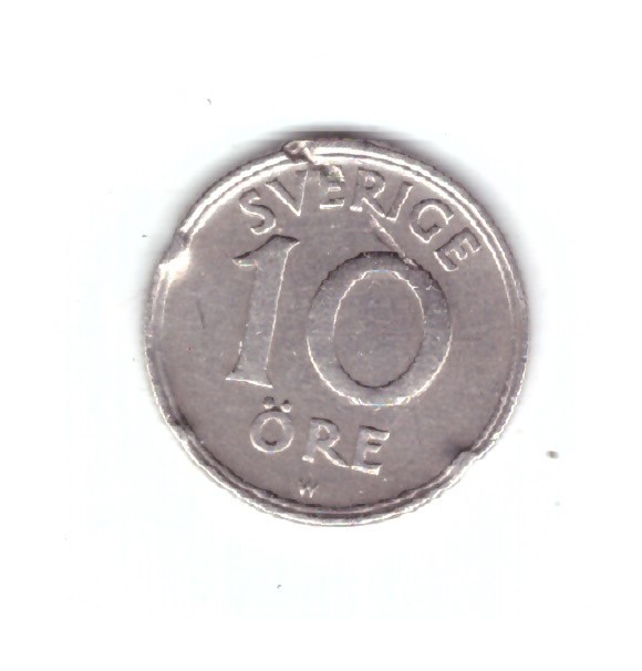 Moneda Suedia 10 ore 1924, zgariata, 3 lovituri pe cant, curata