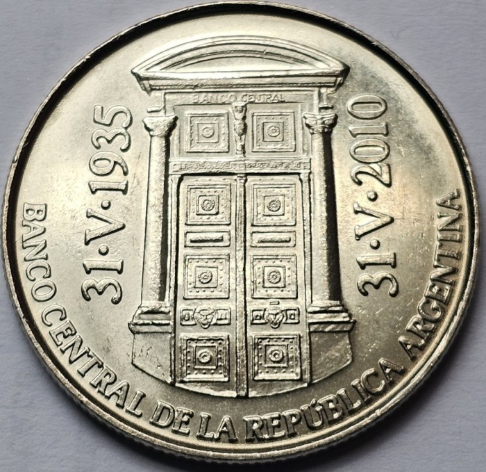 2 pesos 2010 Argentina, 75th Anniversary of B.C.R.A., km#162