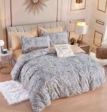 Cumpara ieftin Lenjerie pat dublu,bumbac finet,6 piese,cearceaf cu elastic,gri portocaliu cu motiv floral-A815, Jojo Home