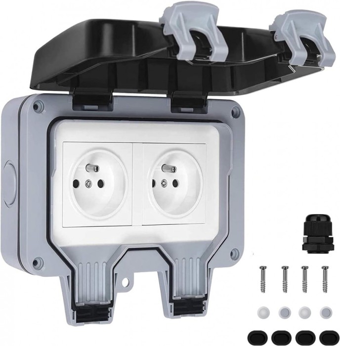Priza electrica dubla, PC, IP66, Gri
