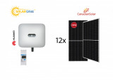 Kit sistem fotovoltaic 5 kW hibrid monofazat, invertor Huawei si 12 panouri fotovoltaice Canadian Solar 460W