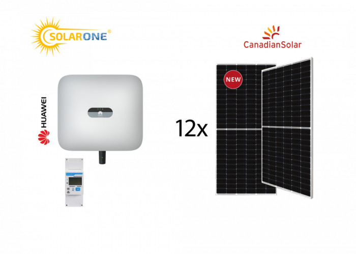 Kit sistem fotovoltaic 5 kW hibrid monofazat, invertor Huawei si 12 panouri fotovoltaice Canadian Solar 460W