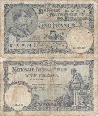 1938 (5 IV), 5 francs (P-108a.3) - Belgia foto