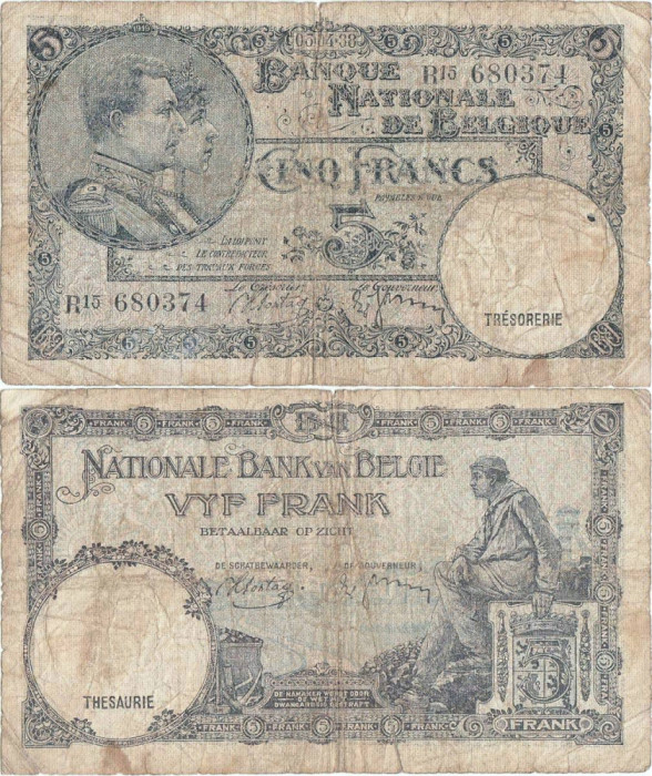 1938 (5 IV), 5 francs (P-108a.3) - Belgia