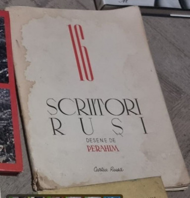 16 Scriitori Rusi - A. Puskin, N. Gogol, M. Saltakov, L. Tolstoi, M. Gorki, V. Maiakovski, I Ehrenburg, A. Fadeev, M. Solohov. Desene de Perahim foto