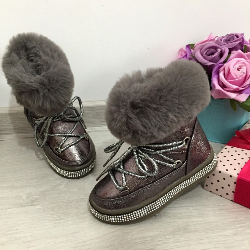 Ghete imblanite gri tip clapari de iarna cizme pt fete copii 25 26 cod 0545  | Okazii.ro