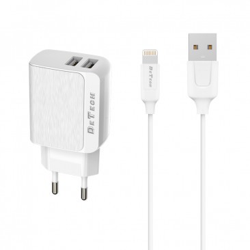 INCARCATOR RETEA (14142) DETECH DE-09I 230V / 5V - 2.4A + CABLU DE DATE LIGHTNING APPLE (FASTCHARGER) ALB BLISTER foto