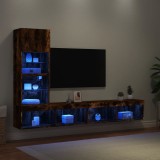 Cumpara ieftin Unități de perete TV cu LED-uri, 4 piese, stejar fumuriu, lemn