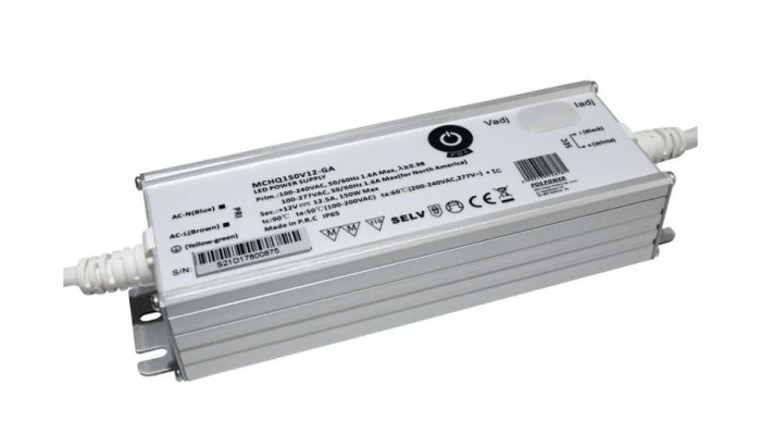 Sursă de alimentare POS MCHQ150V12-GA, driver LED 12V/12.5A CV, carcasă metalică, PFC, intrare CA universală (max 305VAC), Uo/Io reglabilă