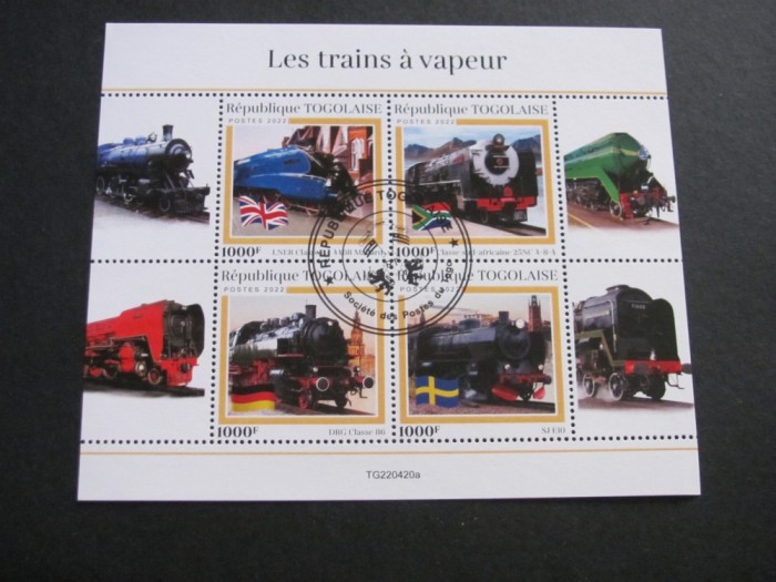 6 Locomotive cu Abur Istorice, 1000F, obliterat . Togo 2022 Bloc de Timbre Poștale