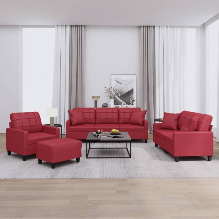 vidaXL Set de canapele cu perne, 4 piese, roșu vin, piele ecologică