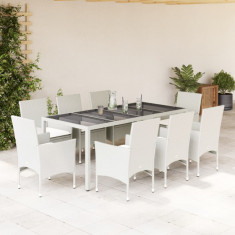 vidaXL Set mobilier de grădină cu perne 9 piese alb poliratan & sticlă