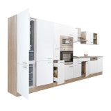 Mobilier de bucătărie Yorki 430, cu corp din stejar Sonoma și fațade albe cu finisaj satinat, cu frigider cu congelator &icirc;n partea de jos, fără blat de
