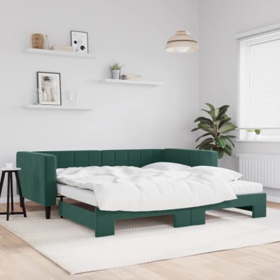 vidaXL Pat de zi cu extensie și saltele verde &amp;icirc;nchis 100x200cm catifea 3196724 foto