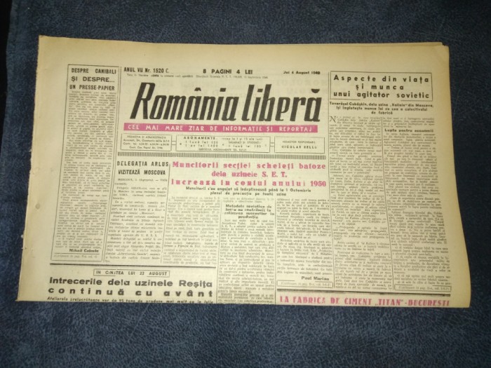 ZIARUL ROMANIA LIBERA 4 AUGUST 1949