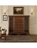 Comoda living cu vitrina VM7, o usa rabatabila pentru bar, 2 usi fixe, 3 sertare, Pal melaminat, cu insertii MDF, Nuc