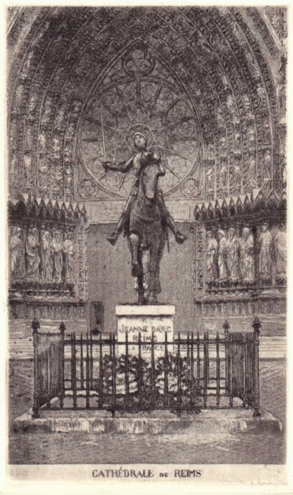 ✅Gravura 21x15 &quot;Ioan D&#039;Arc Catedrala Reims&quot; , placa aquaforte aprox.1900