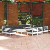 Gossi set mobilier gradina cu perne, 14 piese, alb, lemn masiv pin