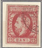 ROMANIA 1872 LP 32 REGELE CAROL I CU BARBA 15 BANI ROSU T4 STAMPILAT