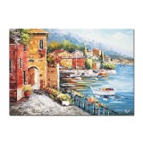 Tablou peisaj lacul Como pictat manual, Acalmie, 70x50cm ulei pe panza in cutit efect 3D, Valentin Pop