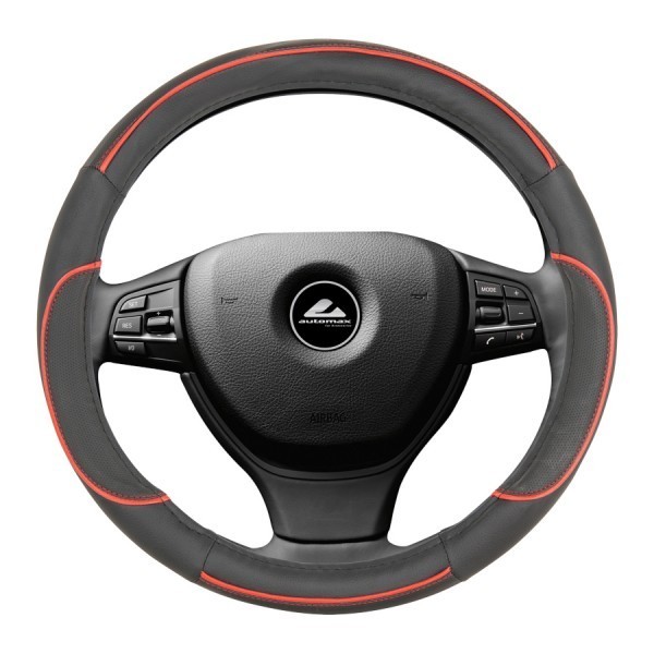 Husa volan de culoare neagra cu insertii de culoare rosi, diametru 35-37cm, material cauciucat, marca Automax AutoDrive ProParts
