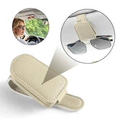 Suport Ochelari pentru Parasolar Auto, Salestore.ro&amp;reg;, Piele Ecologica, cu Inchidere Magnetica, pentru Ochelari, Carduri, 10x4,5cm, Bej foto
