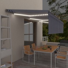 vidaXL Copertină automată cu stor&amp;LED&amp;senzor v&acirc;nt, albastru/alb, 6x3 m