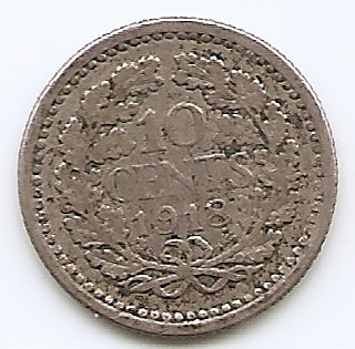Olanda 10 Cents 1918 - Wilhelmina, Argint 1.4 g/640, 15 mm KM-145 (1) foto