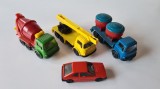 Lot 3 jucarii vechi masinute plastic, machete colectie Joy Toy: Autobetoniera 32, Automacara 33, Autotransport cu tamburi 34, Grecia anii &#039;70 + BONUS