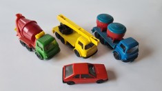 Lot 3 jucarii vechi masinute plastic, machete colectie Joy Toy: Autobetoniera 32, Automacara 33, Autotransport cu tamburi 34, Grecia anii &#039;70 + BONUS