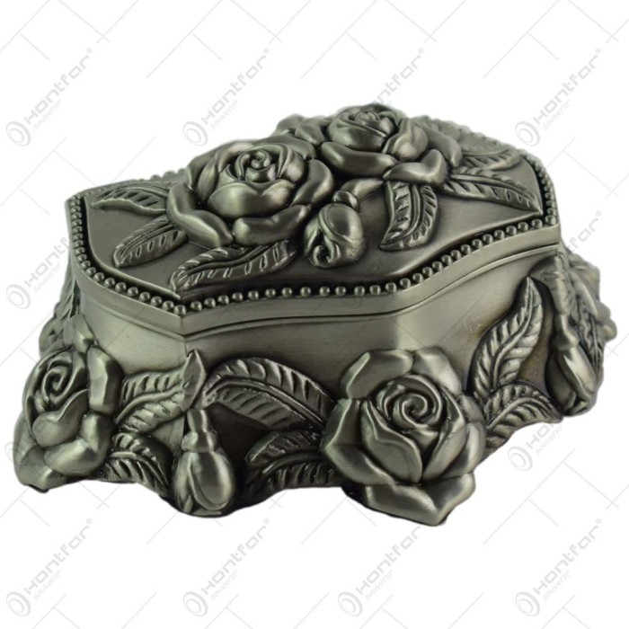 Cutie metalica pentru bijuterii &ndash; Design antic cu flori (Model 2)