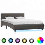 Cadru de pat cu LED, gri, 140 x 200 cm, piele ecologică, Cires, Dublu, Cu polite semirotunde, vidaXL