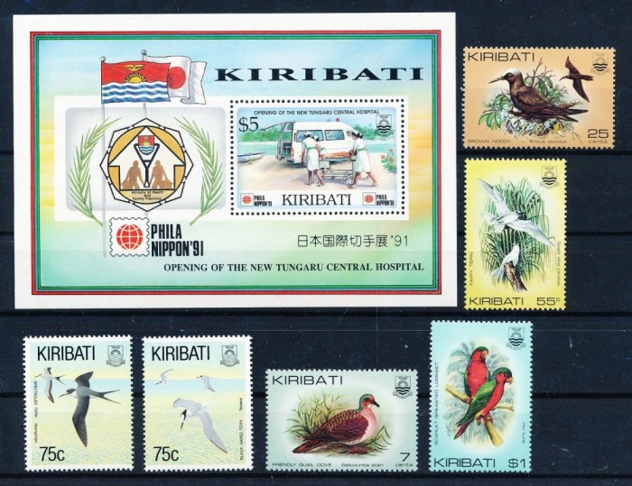 KIRIBATI-PASARII-SPITAL-BLOC TEMATICA SPITAL SI 6 TIMBRE DIN 2 SERII DIFERITE CONFORM IMAGINII MNH