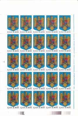 ✅RO 1992 , LP 1302 ,&amp;quot;Stema Romaniei &amp;quot; serie in coala completa de 25 , MNH foto