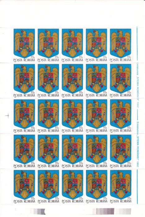 ✅RO 1992 , LP 1302 ,&quot;Stema Romaniei &quot; serie in coala completa de 25 , MNH