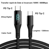 Cablu USB-C PD 100W cu Afisaj Digital, 1.2m, 480Mbps, Incarcare Rapida, Compatibil Telefoane, Tablete, Laptopuri