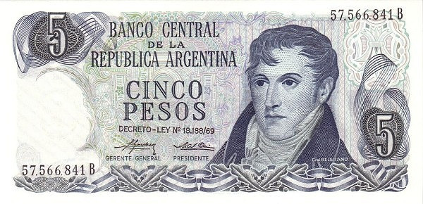 ARGENTINA █ bancnota █ 5 Pesos █ 1974-1976 █ P-294 █ UNC █ necirculata