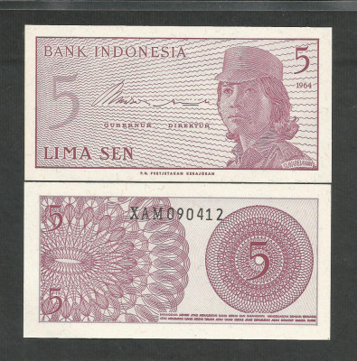 INDONESIA INDONEZIA 5 SEN 1964 UNC [2] P- 91r , Serie X - RARA , necirculata foto