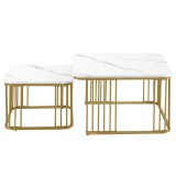 Set de 2 măsuțe pătrate din marmură lucioasă, măsuțe suprapozabile cu picioare aurii, 70&times;70&times;45 cm și 50&times;50&times;36,5 cm, Alb