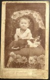 VISIT PORTRAIT, FOTOGRAFIE VECHE PE SUPORT DE CARTON,,PEJTSIK K. BUDAPEST&quot;/ SOUVENIR- FETITA CU PISICA , SFARSIT DE SECOL XIX/ 106 X 64 mm.