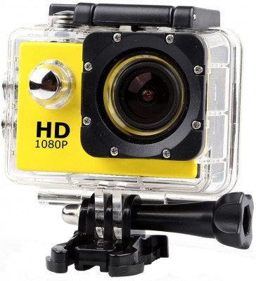 Camera sport tip gopro 1080 cu toate accesoriile incluse,rezistenta la apa - Galben foto
