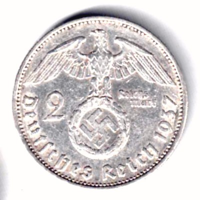 GERMANIA 2 REICHS MARK 1937 A HINDEMBURG ARGINT VF++ foto