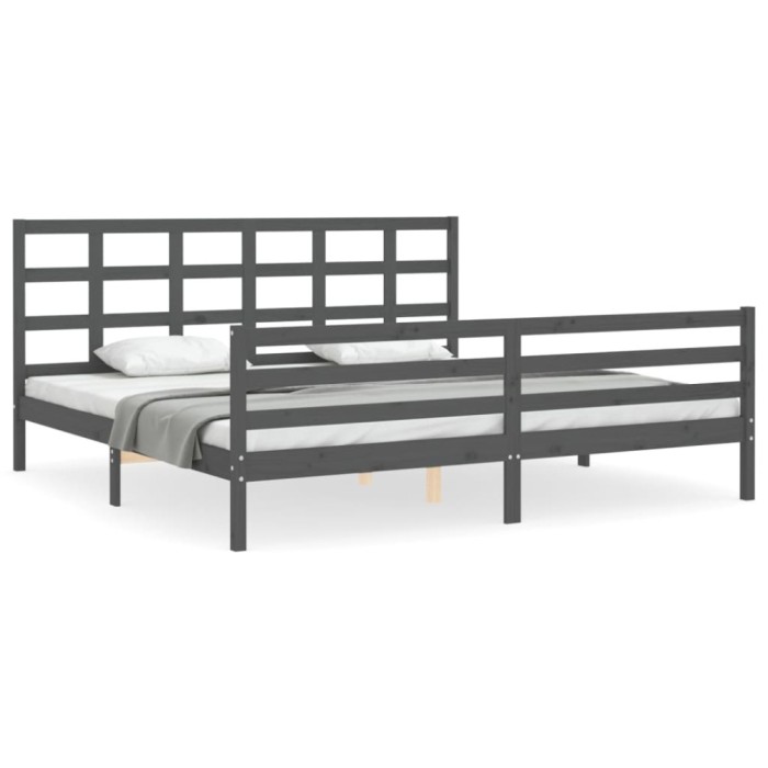Cadru pat cu tablie 200x200 cm, gri, lemn masiv