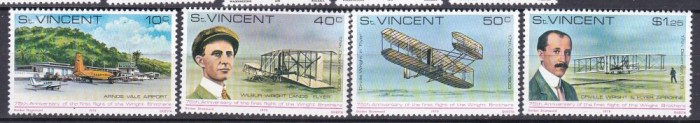 DB1 Aviatie Avioane 75 Ani Primul Zbor Fratii Wright St. Vincent 1978 4 v. MNH