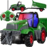 Tractor de jucarie cu telecomanda, remorca cu functie basculare, faruri LED, roti cauciuc, 39x10x9 cm, Kruzzel
