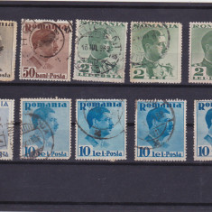 Lot 10 TIMBRE Romania 1936 CAROL II 25 bani pana la 10 lei POSTA Stampilate