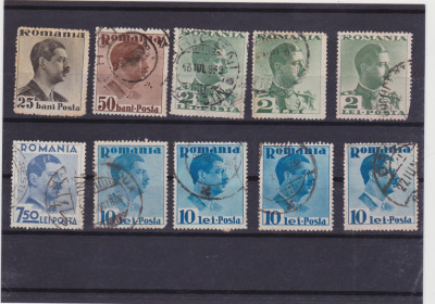 Lot 10 TIMBRE Romania 1936 CAROL II 25 bani pana la 10 lei POSTA Stampilate foto